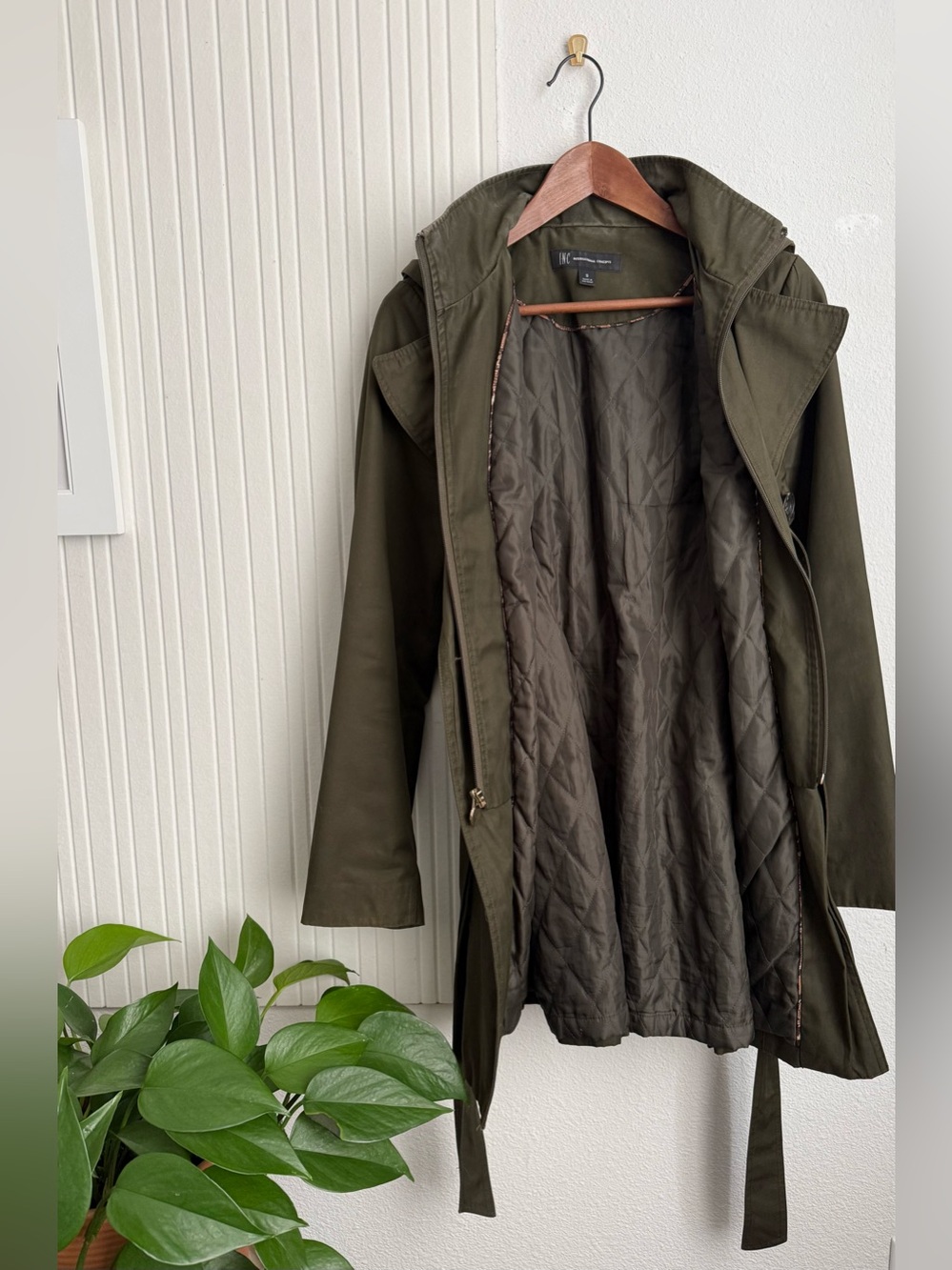 Olive Green Belted Trench Coat with Hood - Picture 5 of 7